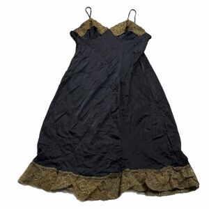 70s/80s Italian Vintage Florina Silky Lace Slip Dress Ruffle Hem Black/Olive S/M